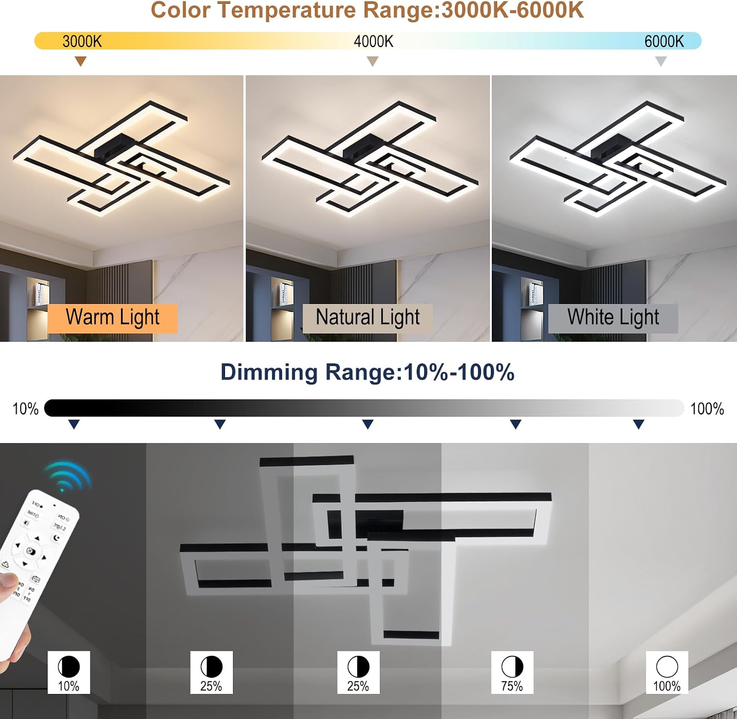 Modern LED Ceiling Lightwith Remote & APP, 56W 6000LM Flush Mount Ceiling Light 3500K-6500K Dimmable, Black Ceiling Lamp for Living Room Kitchen Bedroom Hallway image 2