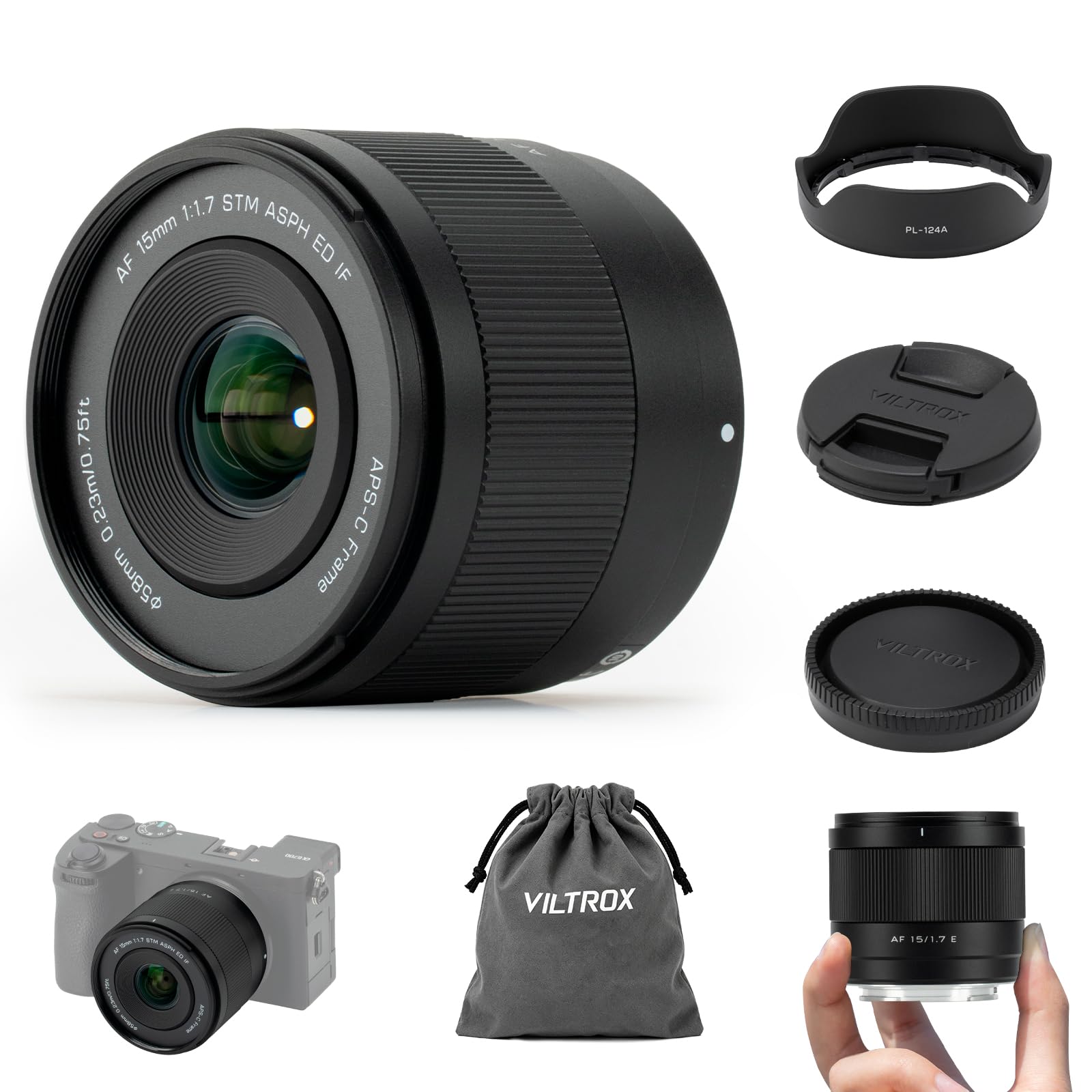 VILTROX 15mm F1.7 Objectif Automatique Appareils Photo Monture E Sony Lens Grand Angle Grande Ouverture STM Compatible Appareils Photo APS-C Sony A5000 A5100 A6000 A6100 A6300 A6400 A6500
