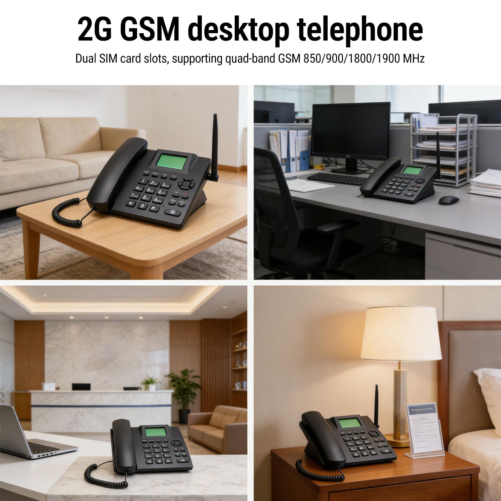 Telefono fisso cordless Dual SIM GSM 2G, nero | Telefono da scrivania con batteria integrata da 1200 mAh e funzione sveglia, rubrica da 500 contatti, ideale per la casa