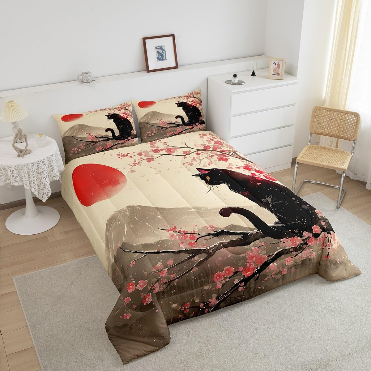 Feelyou Black Cat Comforter Set King Size Cherry Blossoms Bedding Set Kids Boys Girls Sunset Fuji Mountain Decor Comforter Japanese Style Quilt Set