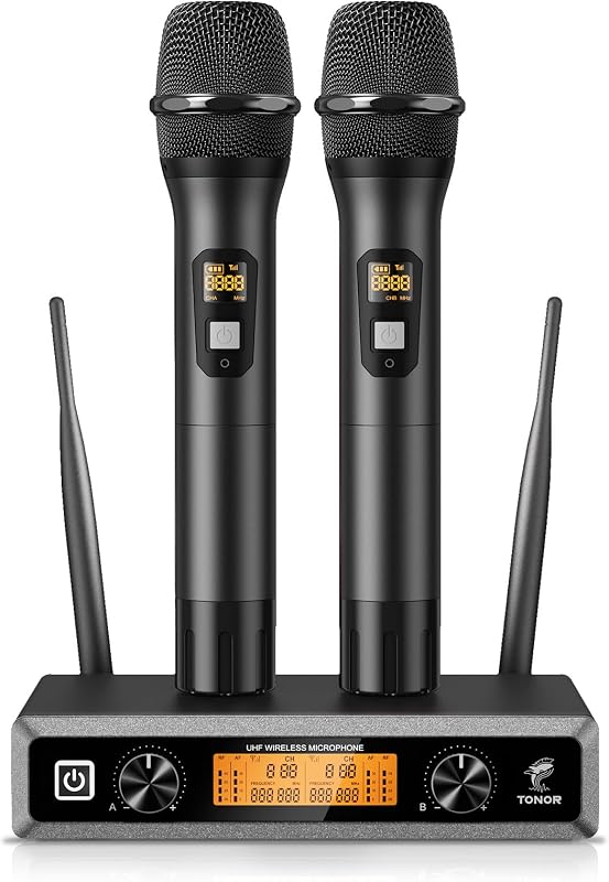 TONOR TW820 Vezeték Nélküli Duál Mikrofon Szett - UHF Professzionális Dinamikus Rendszer Karaoke, Buli, Esküvő, Rendezvény - 60m Hatótáv, Fe