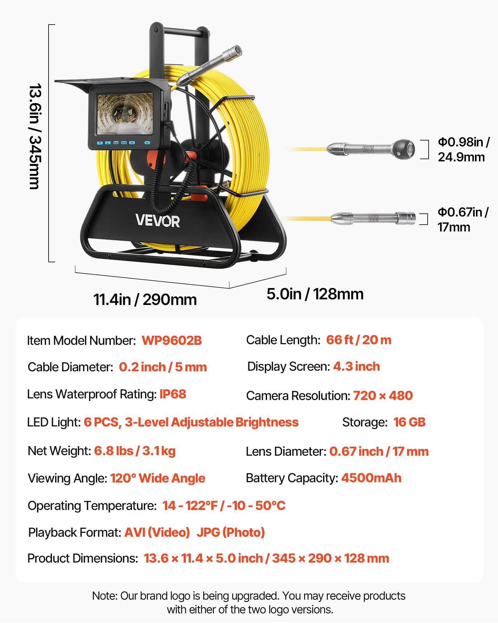 VEVOR Cámara de Inspección de Tuberías Cable de 20 m, Cámara Endoscópica con Pantalla a Color, Resistente al Agua IP68, con 6 LED, Tarjeta de 16 GB, Batería de 4500 mAh, para Alcantarillado Fontanería