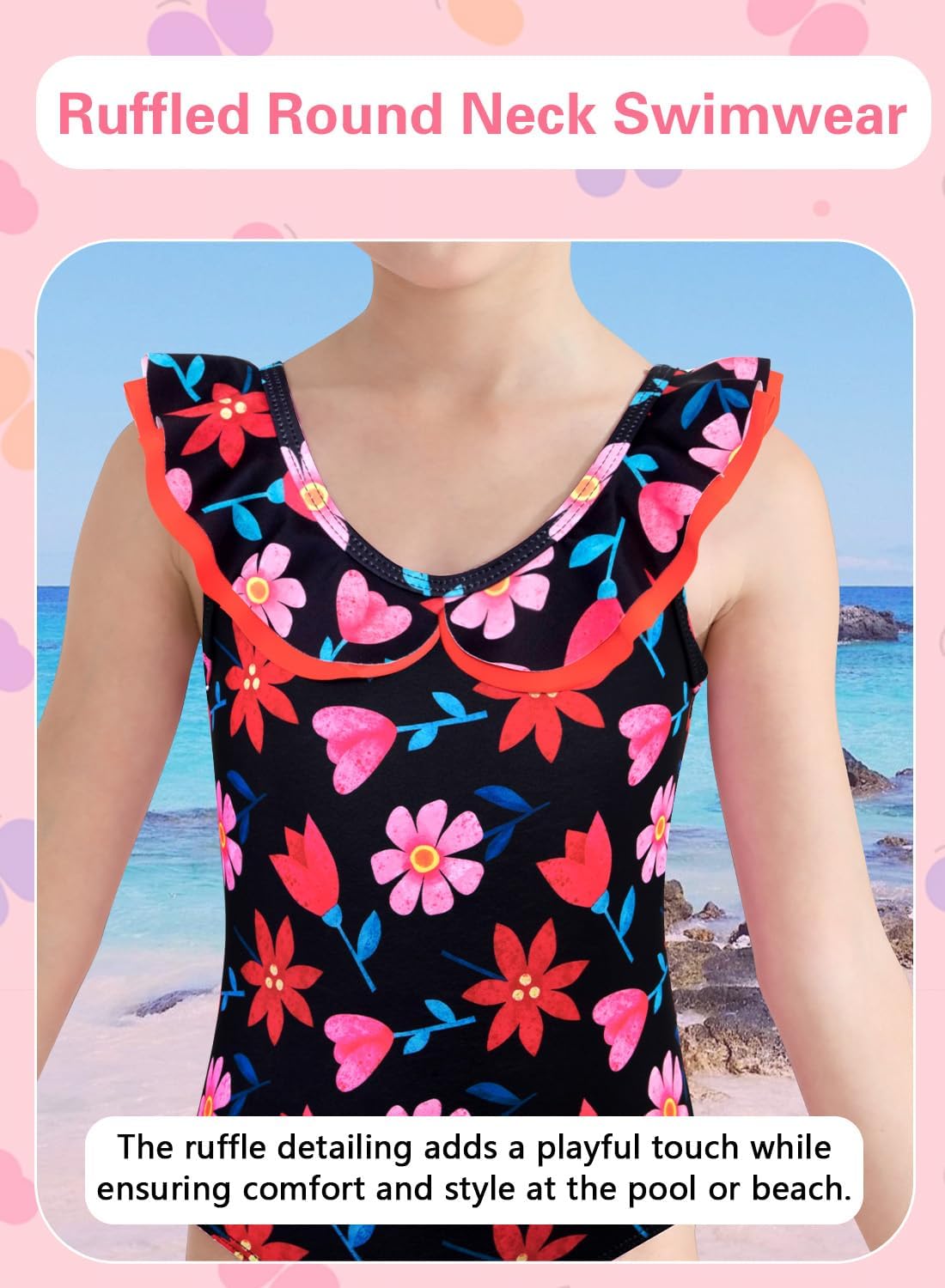 Girls One Piece Swimsuits Quick Dry Toddler Bathing Suits Cute Ruffled Round Neck Beach Swimwear 3-10 Years - Image 2