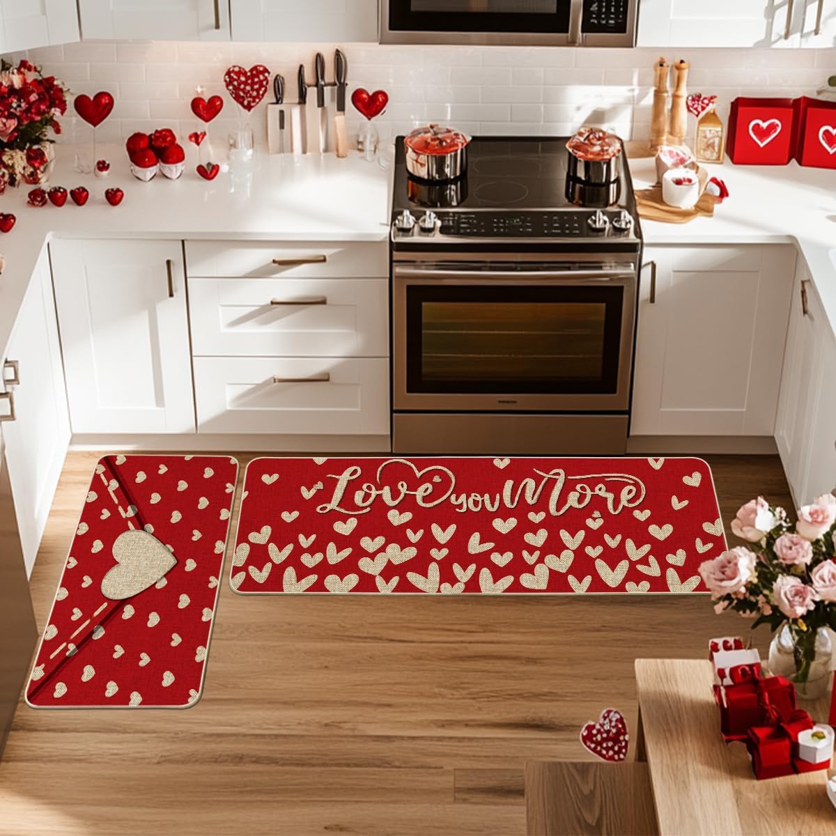 Artoid Mode Envelope Love You More Heart Kitchen Mats Set of 2, Home Decor Low-Profile Kitchen Rugs for Floor - 17x29 and 17x47 Inch