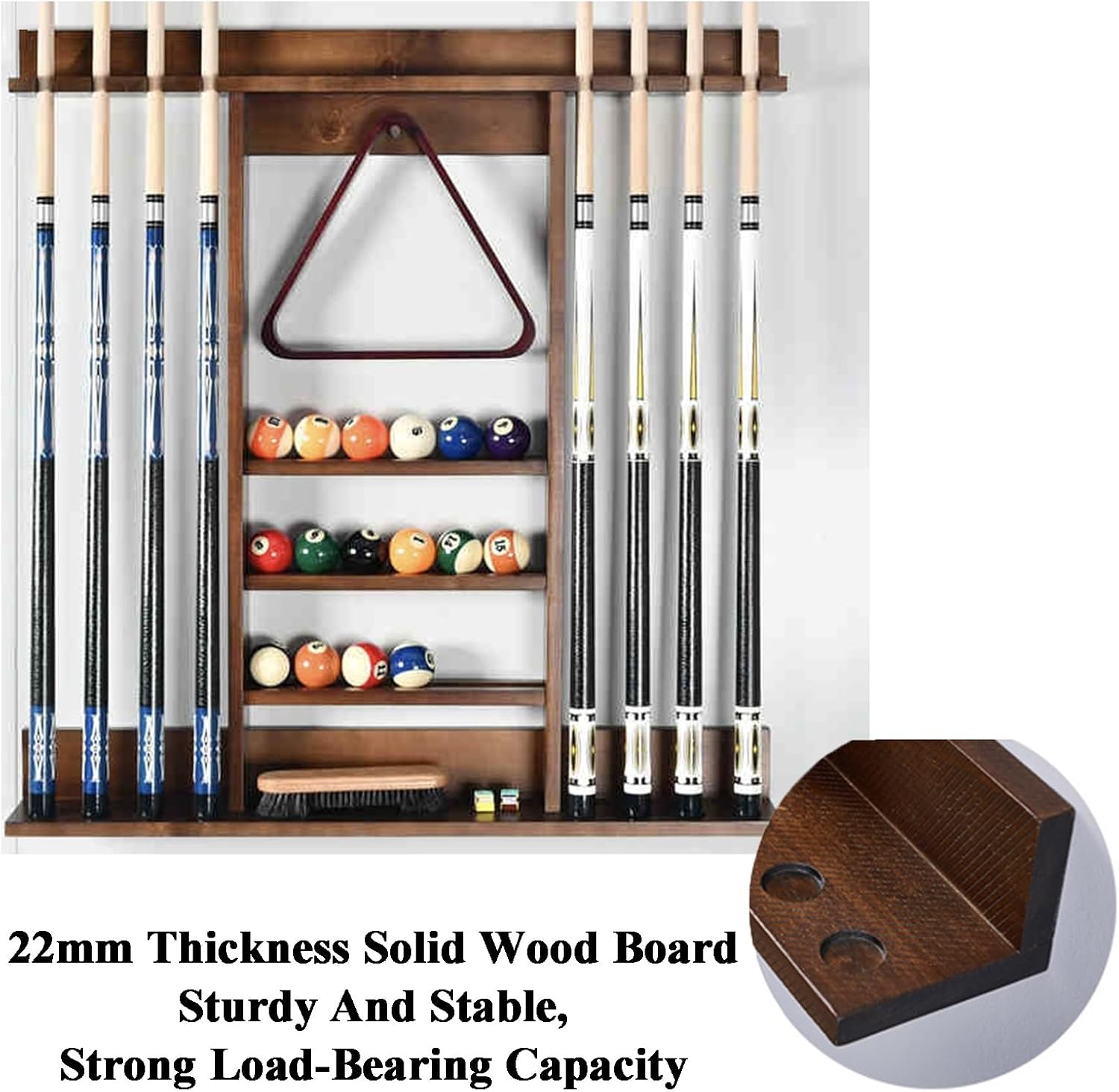 Wall-mounted Billiard Cue Rack Hold 8 Cues,solid Wood Pool Cue Stick Holder,Easy to Assemble,for Game Room Clubs and Bars