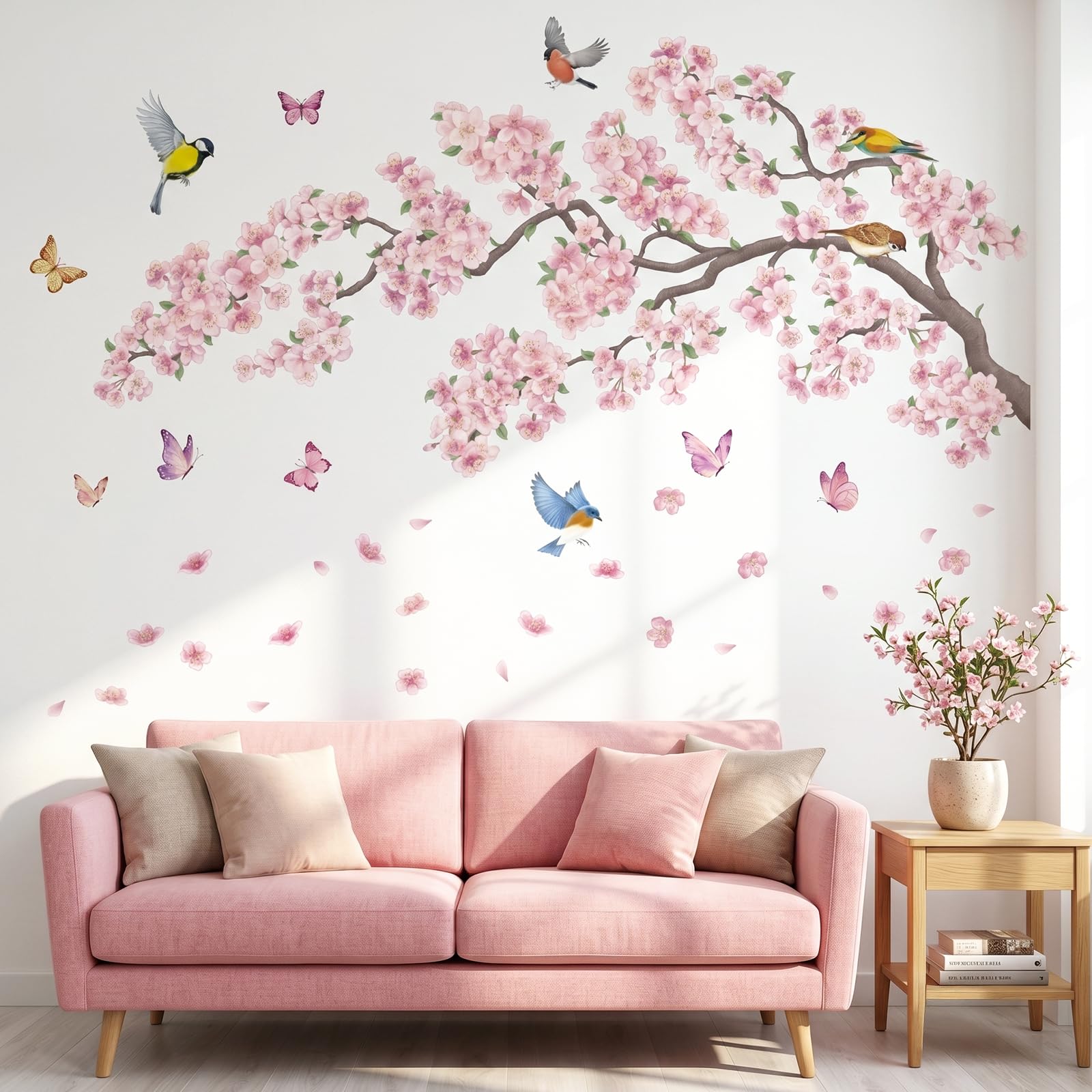DECOWALL SG2-2427 Naklejki ścienne różowe kwiaty i ptaki gałęzie wiśni do sypialni salon sofa TV tło dekoracja ścienna