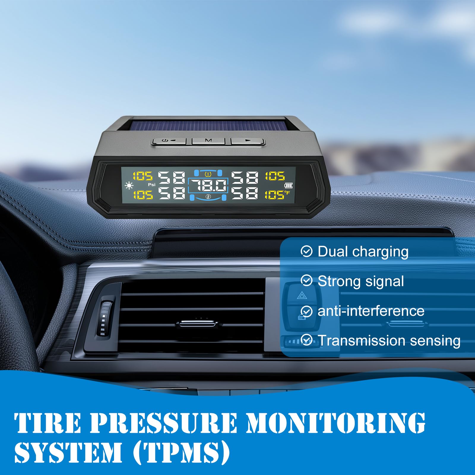 TPMS, sistema di controllo della pressione degli pneumatici, sistema di controllo digitale della pressione degli pneumatici, TPMS con 4 sensori esterni, IPX7, impermeabile, mini monitoraggio della