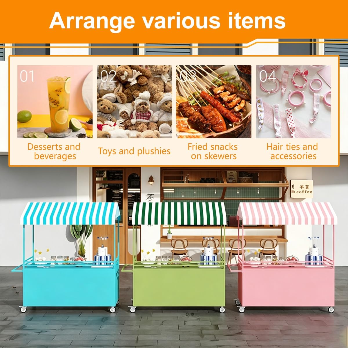 Carrito Ambulante para Comida con Toldo y Ruedas Giratorias, Puesto Móvil | Carro Comercial Puesto de Venta con Ruedas y Amplia Superficie de Trabajo para Mercados y Eventos(Orange,100cm)