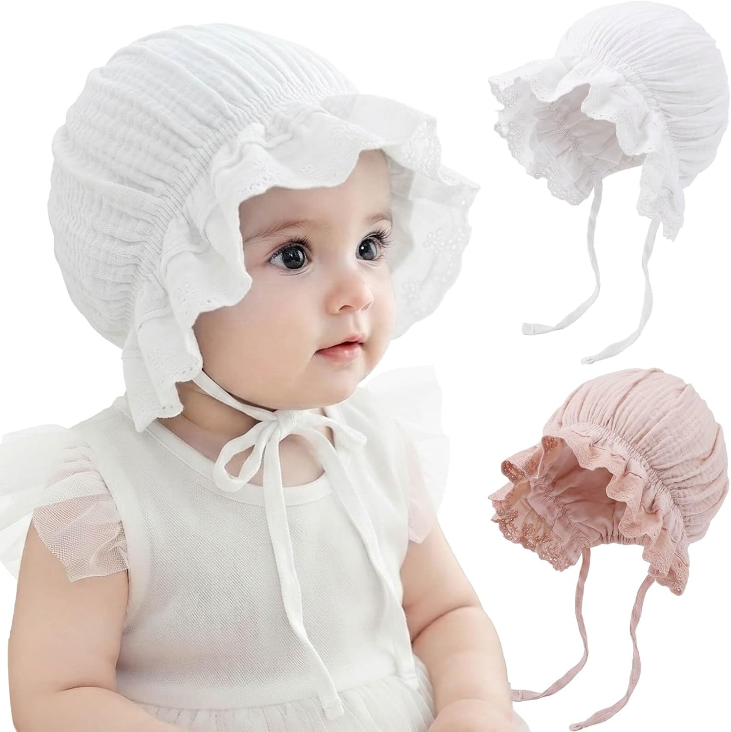 DRESHOW BQUBO Baby Bonnet Lace Cotton Baptism Bonnet for Baby Girls Newborn Soft Warm Cap Hospital Hat Sleepy Hat with Tie