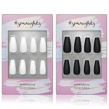 Hypnaughty Press On Nails - Santorini & Noir Matte Coffin, Trendy & Salon Quality Reusable Nails With Kit