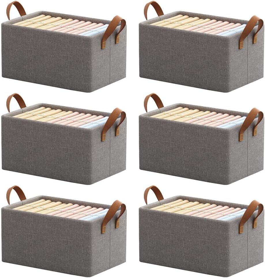 ANBOO 6 Stück Aufbewahrungsboxen Stapelboxen faltbar Organizer Box Stoffboxen Aufbewahrung für Spielzeug, Kleidung, Zuhause, Wäsche, Bettwäsche mit Verdickter Bodenplatte (40 x 27 x 21 cm) Grau