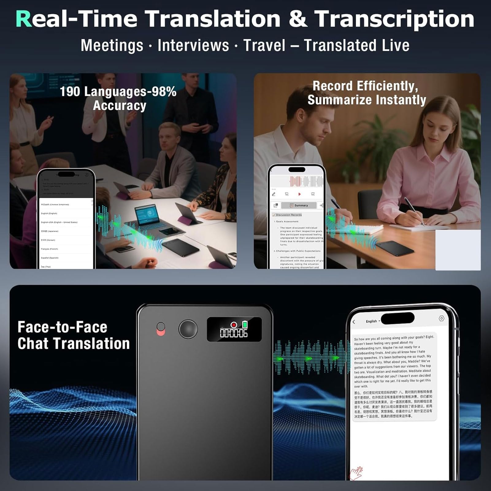 Zunate AI Recorder, Transkrypcja i Podsumowanie w Czasie Rzeczywistym za pomocą GPT 4.1 Technologia Dual Recording Silny Inteligentna Redukcja Szumów Obsługuje 112 Języków na Spotkania (128G)