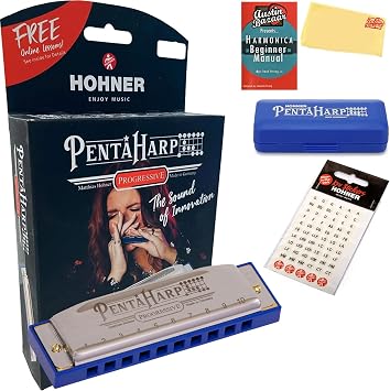 Hohner PentaHarp Harmonica - Key of D Minor Bundle with Key Stickers, Plastic Case, Instructional Manual, and Austin Bazaar Polishing Cloth