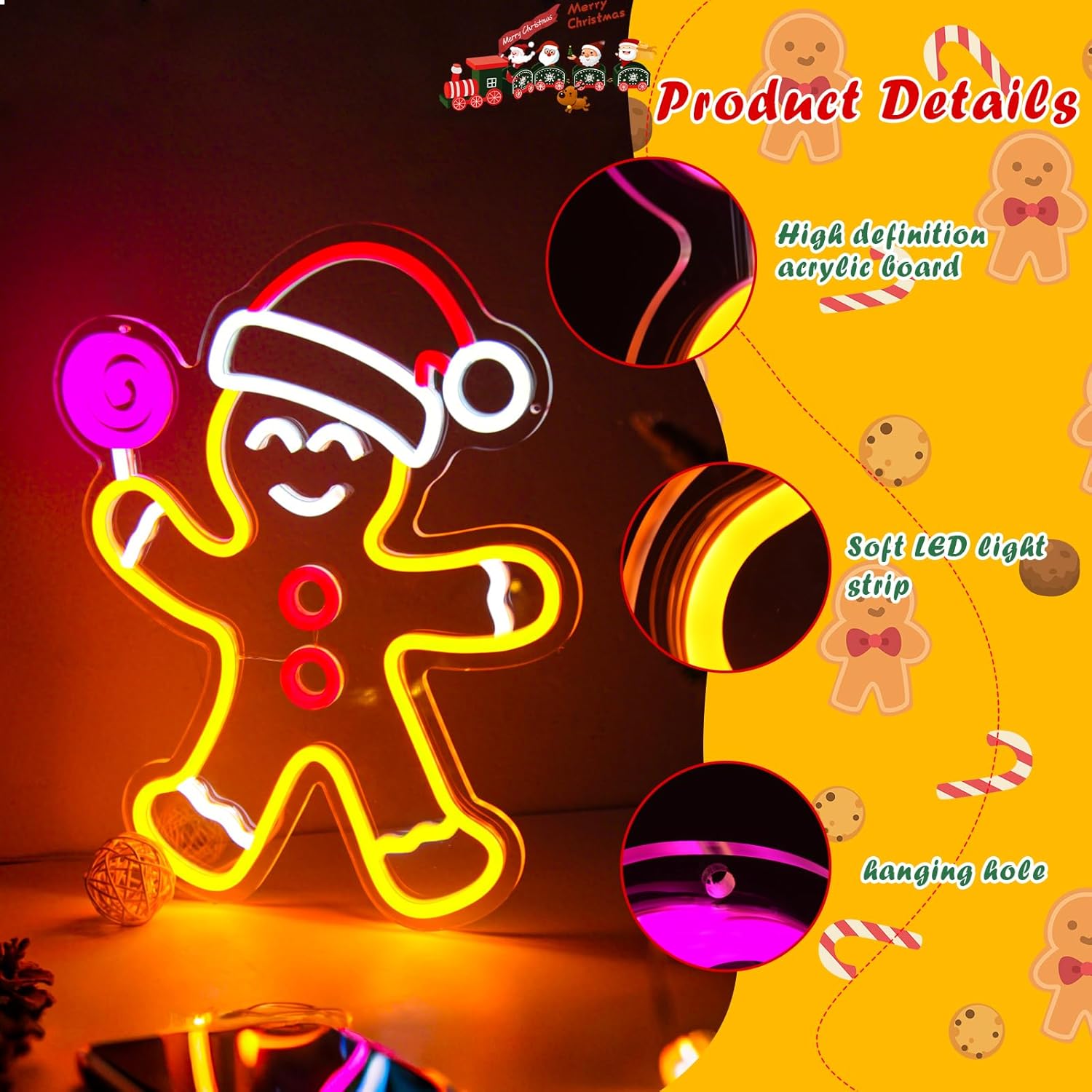 Gingerbread Man Neon Sign, Dimmable Gingerbread Christmas Decorations Lights LED Xmas Neon Light Signs for Bedroom Home Festival Living Room Kids Room Holiday Party Window New Year Decor & Gifts - Image 7
