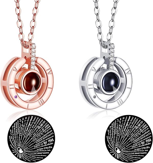 Hicarer 2 Pieces Love Memories Necklace Clavicle Necklace 100 Languages I Love You Projection Pendant Necklace with Gift Box for Women