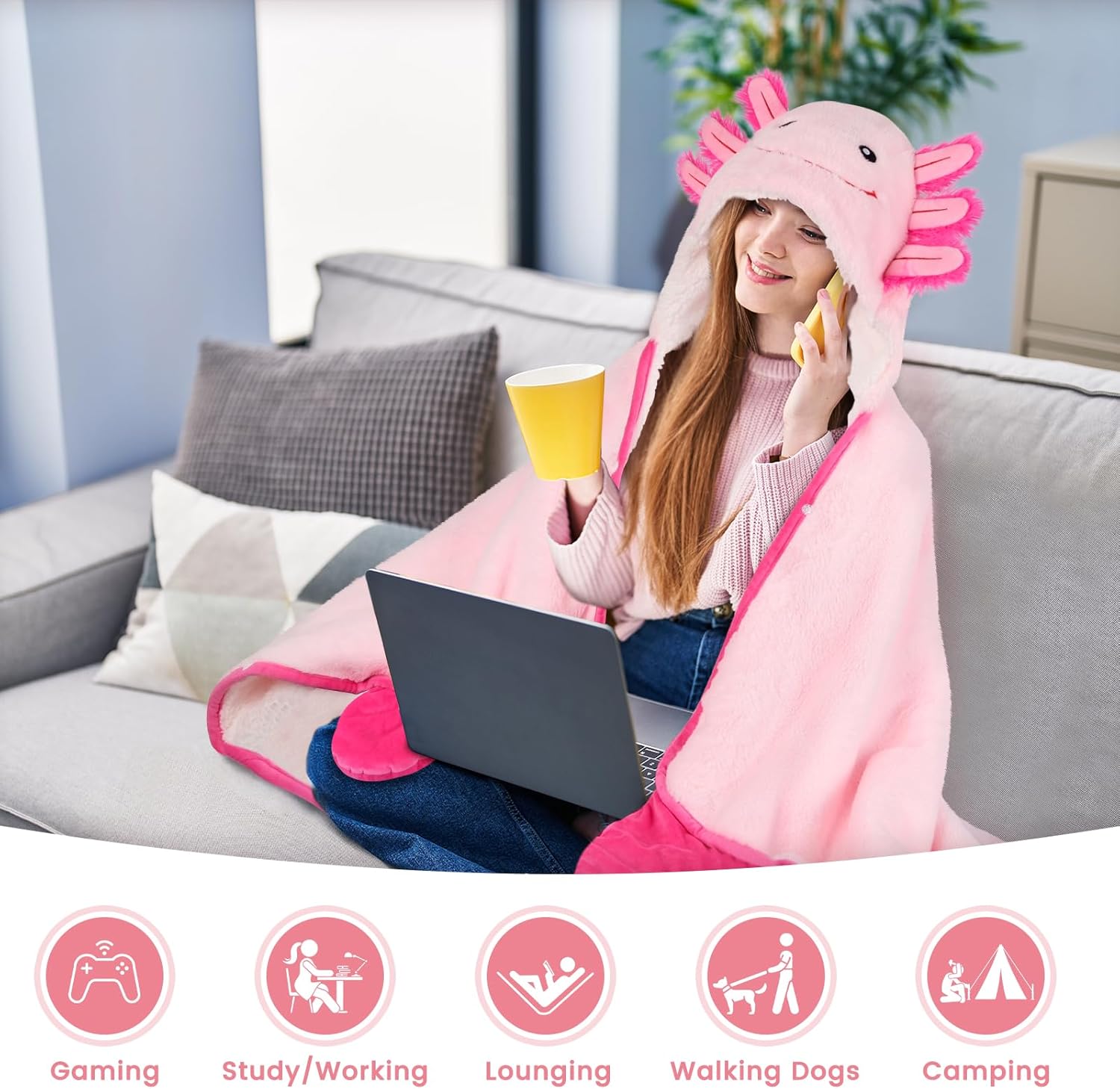 Axolotl Wearable Blanket Hoodie for Women & Kids, Premium Soft Thick Plush & Sherpa Fleece for Ultra Warmth, Pink Throw Wrap With Giant Hood, Easy Movement, Axolotl Gifts for Girls Adults, Oversized - Image 4