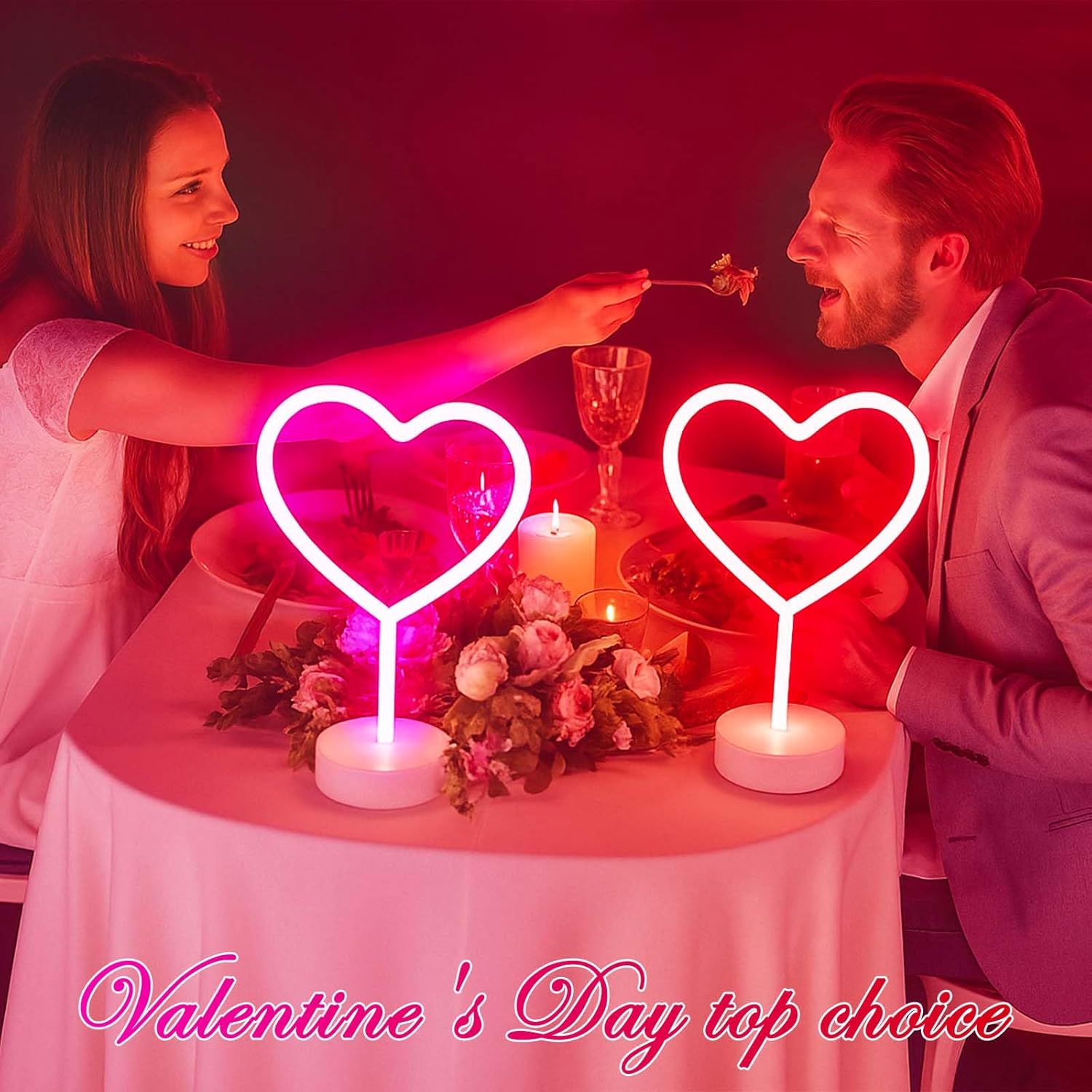 BHCLIGHT 1PK Pink & 1PK Red Heart Neon Sign, Valentines Day LED Neon Light Battery Operated or USB Powered Valentines Heart Lights, Table Lamp for Galentines Day Decorations, Gifts for Women, Lover.