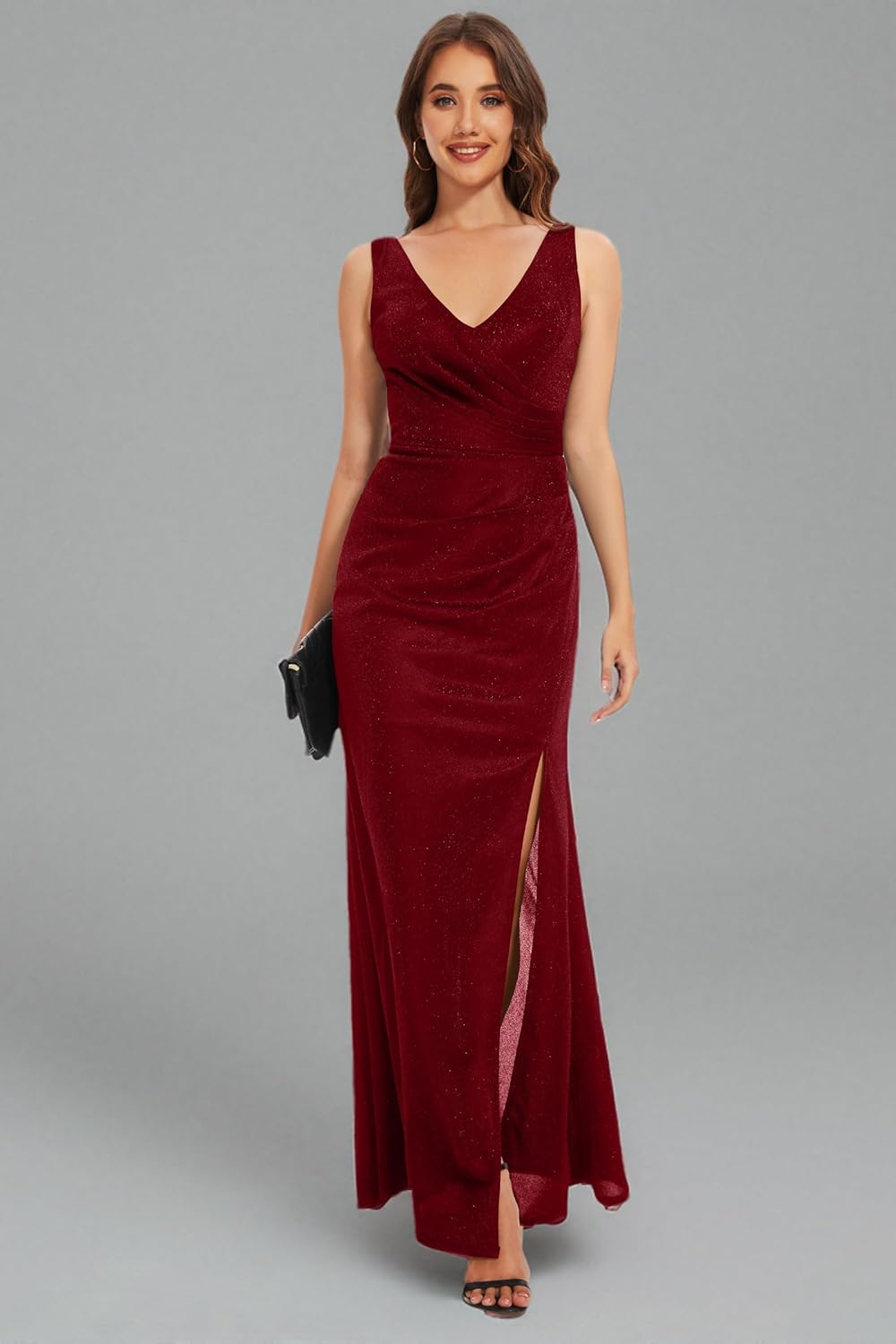 Formal Dresses V Neck Mermaid Prom Dress with Slit Long Cocktail Dress for Women Split Ruching Wedding Guests Dress - Image 6