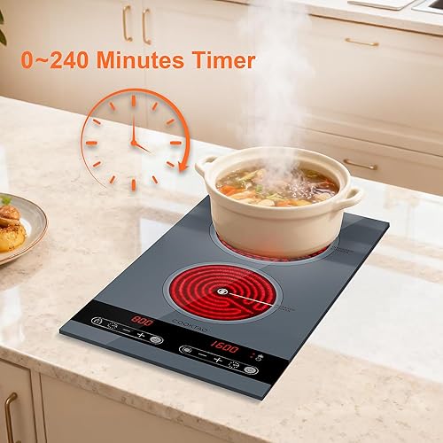 Miniatura 9 de Diseño de doble bobina de cocina eléctrica de doble quemador, placa caliente de cerámica de 1800 W para cocinar, encimera portátil infrarroja de 2
