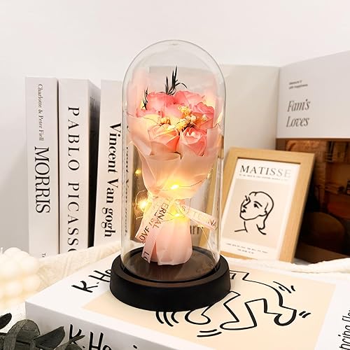 Miniatura 3 de Flores preservadas, regalos para ella, mamá y mujer, rosas para siempre, flores frescas para entrega, rosa rosa iluminada en una cúpula de cristal,