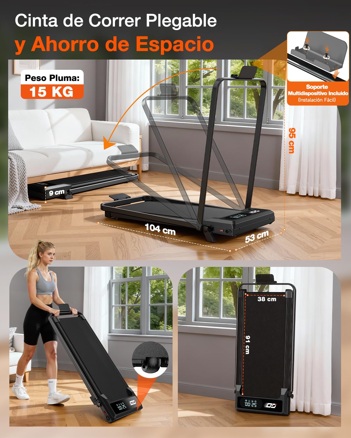 Cinta de Correr 4 en 1 Plegable con Inclinación 9% – Caminadora Eléctrica Silenciosa 10 km/h, Motor 3,0 CV, Sistema de Amortiguación, Pantalla LCD, 140 kg Máx – Hogar, Oficina y Fitness en Casa