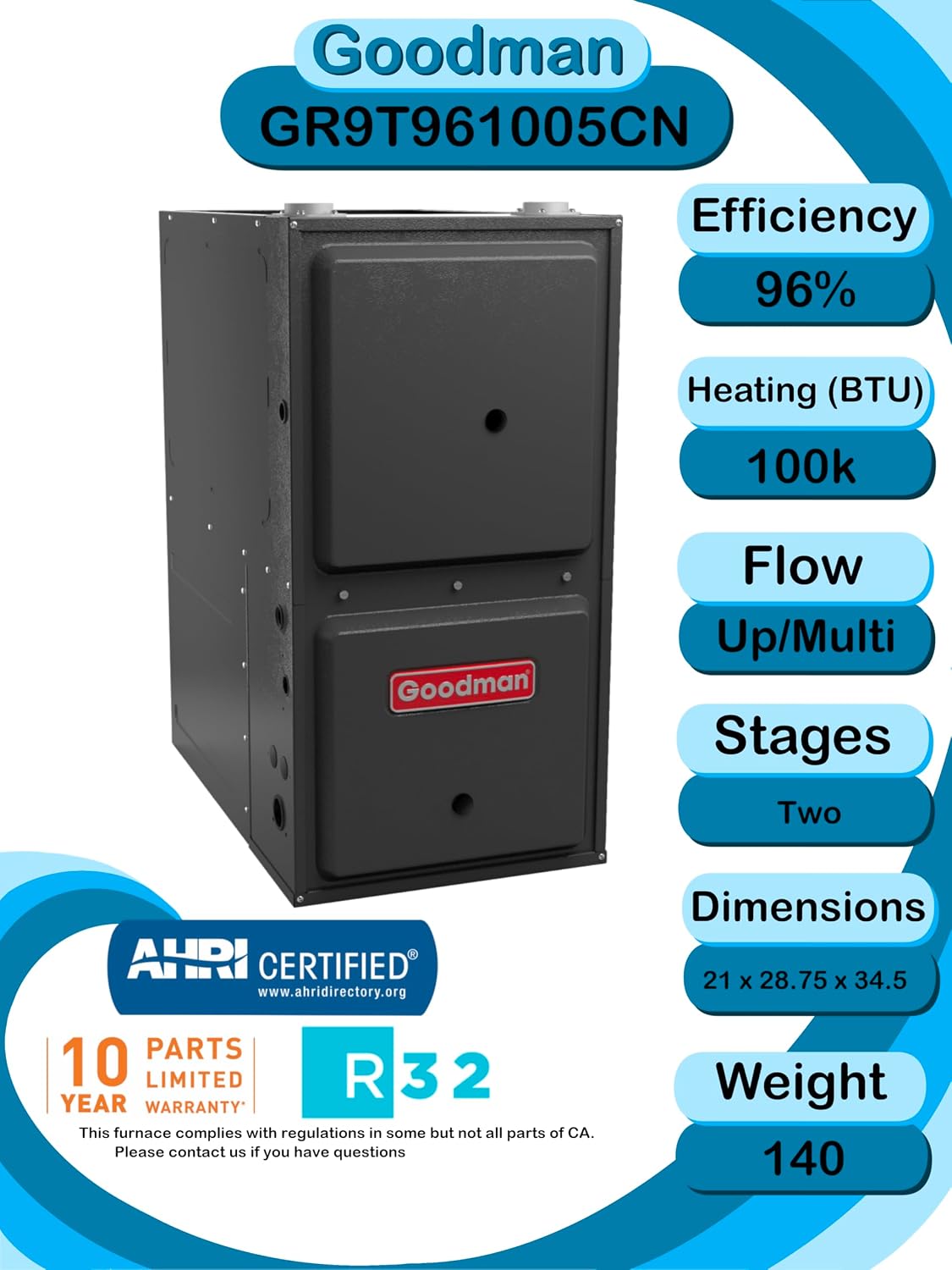 Goodman 3 TON 15.2 SEER2 Upflow R-32 AC System with 96% AFUE 100k BTU two stage Low NOx furnace (GLXS4BA3610 condenser with GR9T961005CN furnace and CAPTA3626C3 coil)