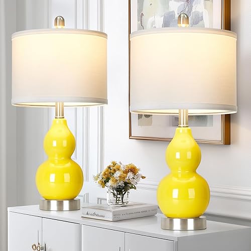 Rinweey Double Gourd Ceramic Table Lamps Set of 2, Modern Yellow Bedside Lamps for Night Stand, Contemporary Nightstand Lamps for Bedroom Living Room (Bulb Included)