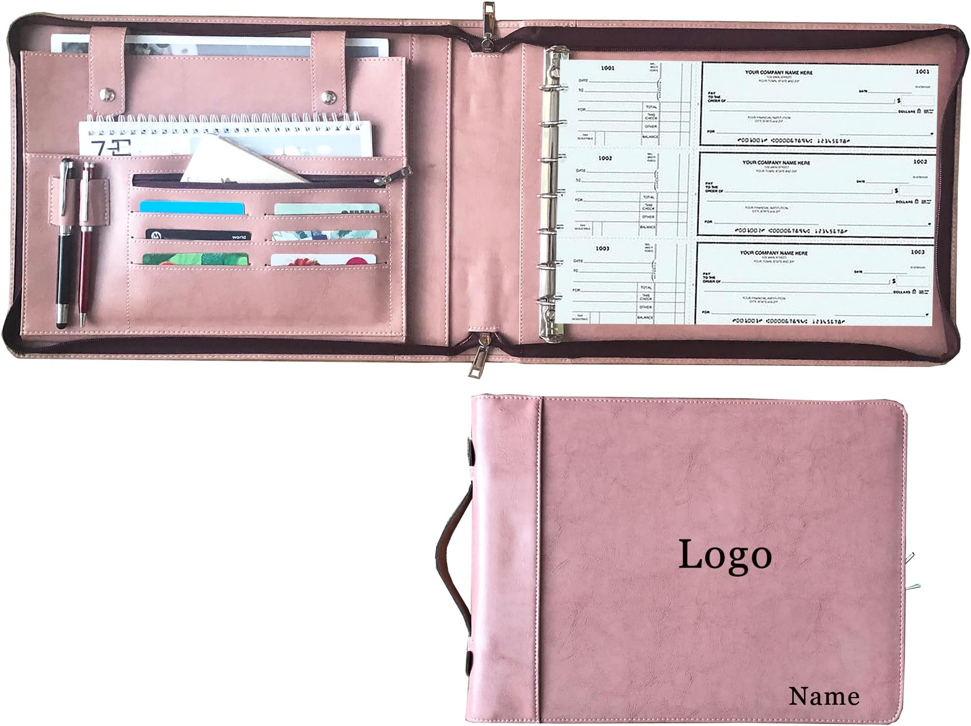 Vegan Leather Business Check Binder 7 Ring, Zippered