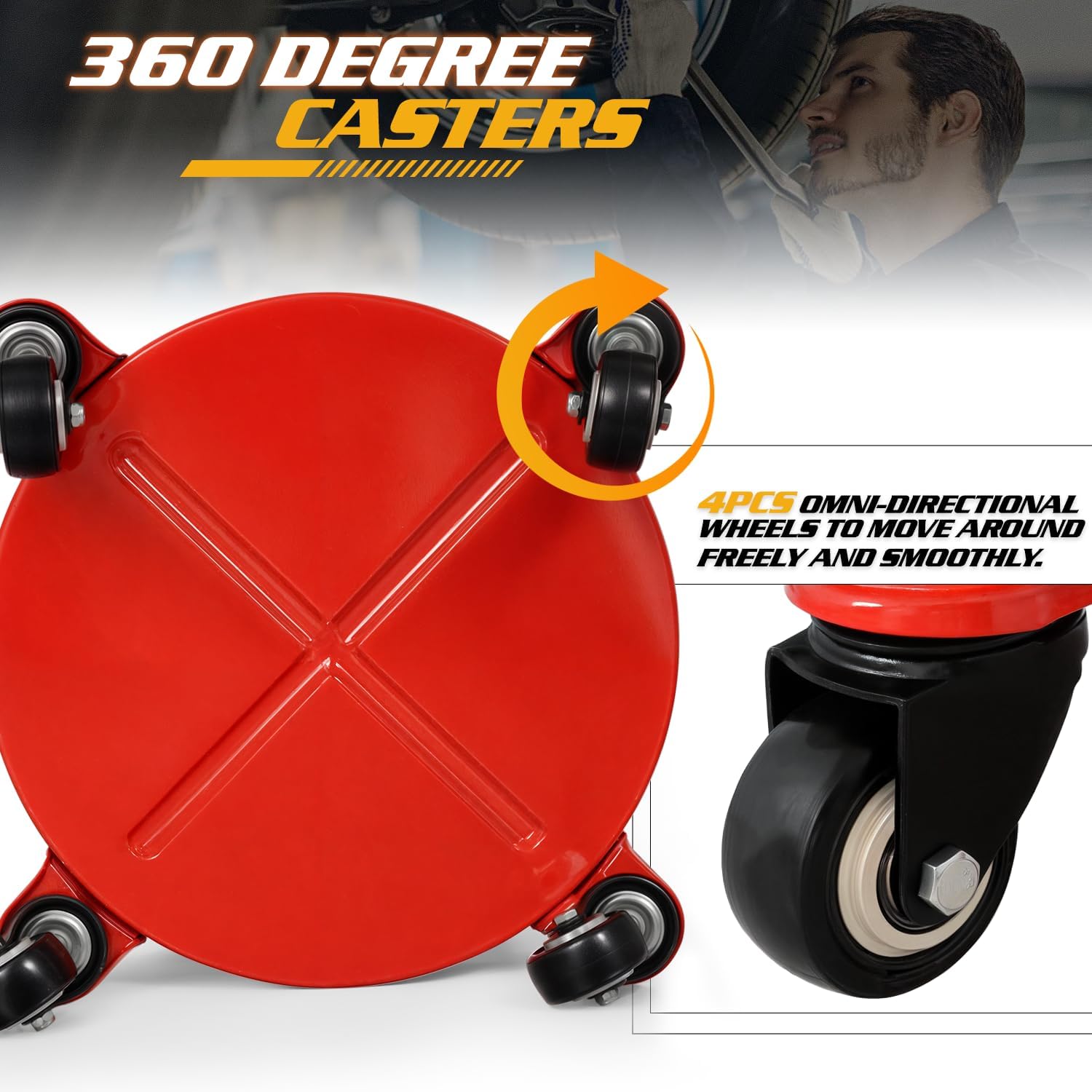 Magshion Rolling Shop Stool for Garage with Built-in Drawer, Tool Storage & Can Holder – 300 lbs Capacity Padded Mechanic Seat with Wheels for Workshop & Auto Repair (Red)