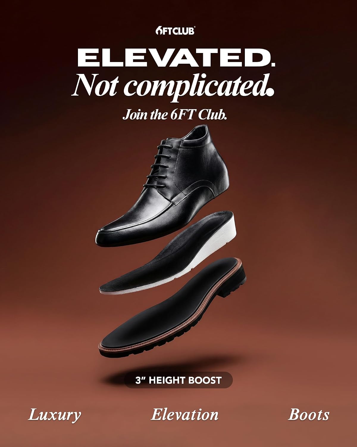 6FT CLUB Men's Height Increase Dress Boots – Black Leather Elevator Shoes, 2.8 Inches (7CM) Taller, Hidden Lift, Premium Full-Grain Leather