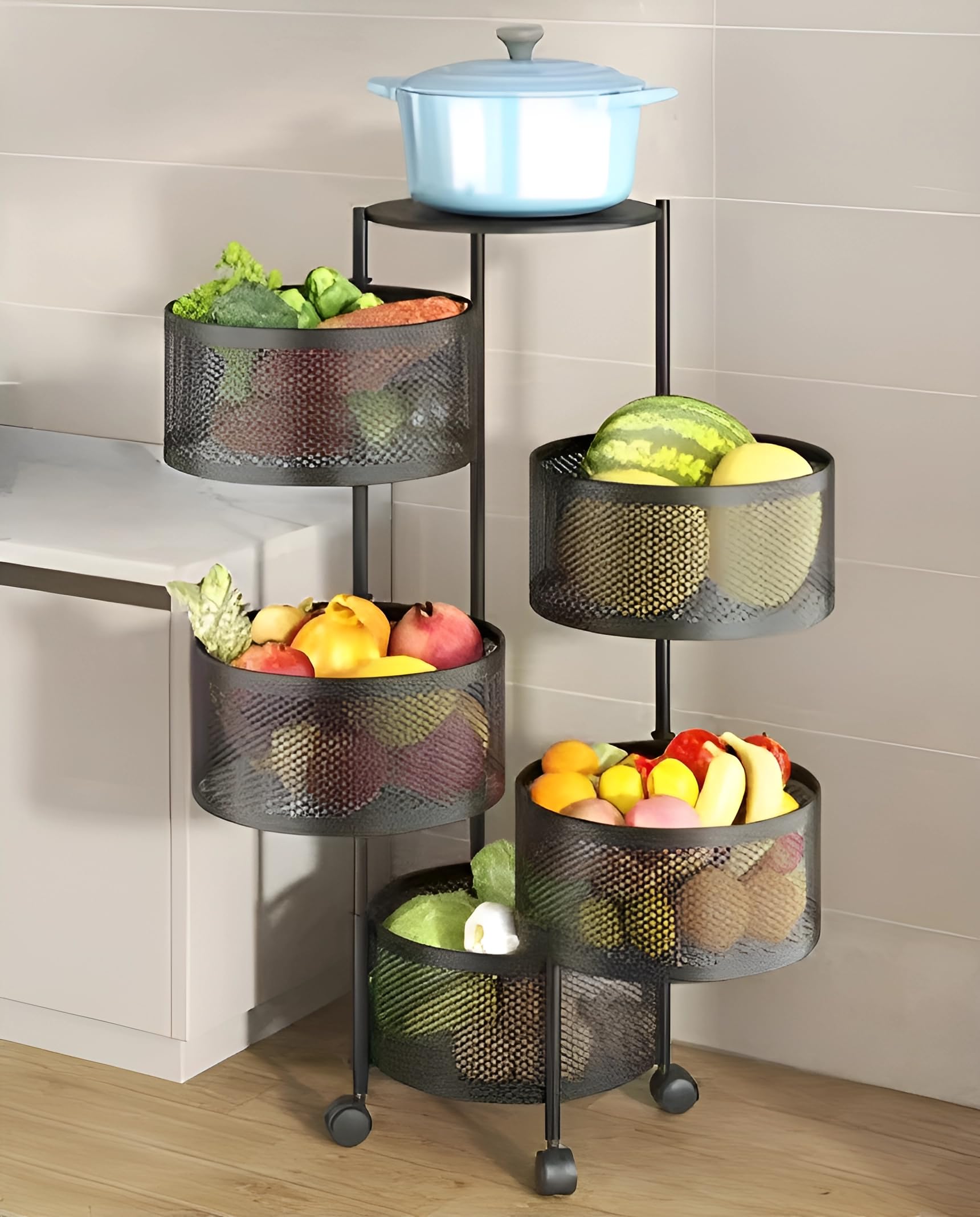 Kitchenwell Round Multi-Purpose Rotatable Trolley Storage Organizer Kitchen Storage Rack Design Fruits & Vegetable Onion Cutlery Dish Rack (Matt Black, Round - 5 Layer)