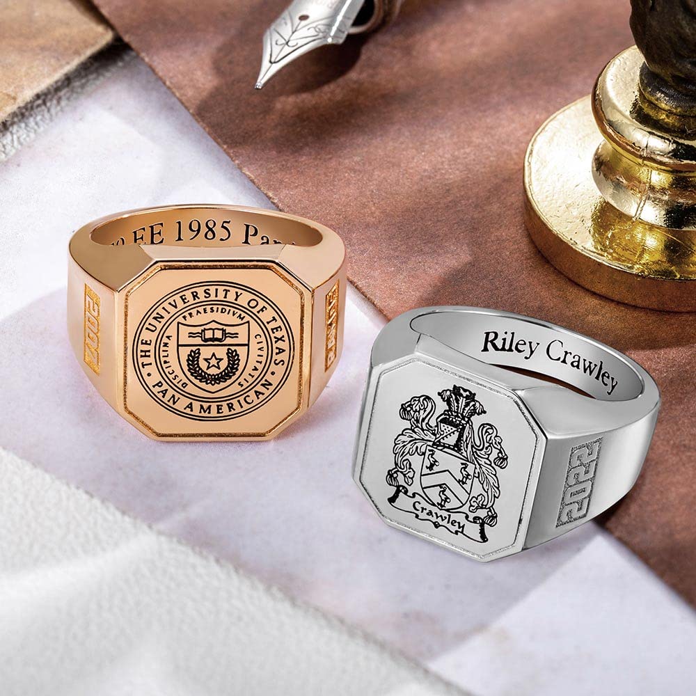 Individueller quadratischer Schul-Logo-/Familienwappen-Ring für Männer und Frauen aus Sterlingsilber 925 mit personalisiertem Bild, Text oder Namen. Siegelringe für Absolventen, Väter und Ehemänner