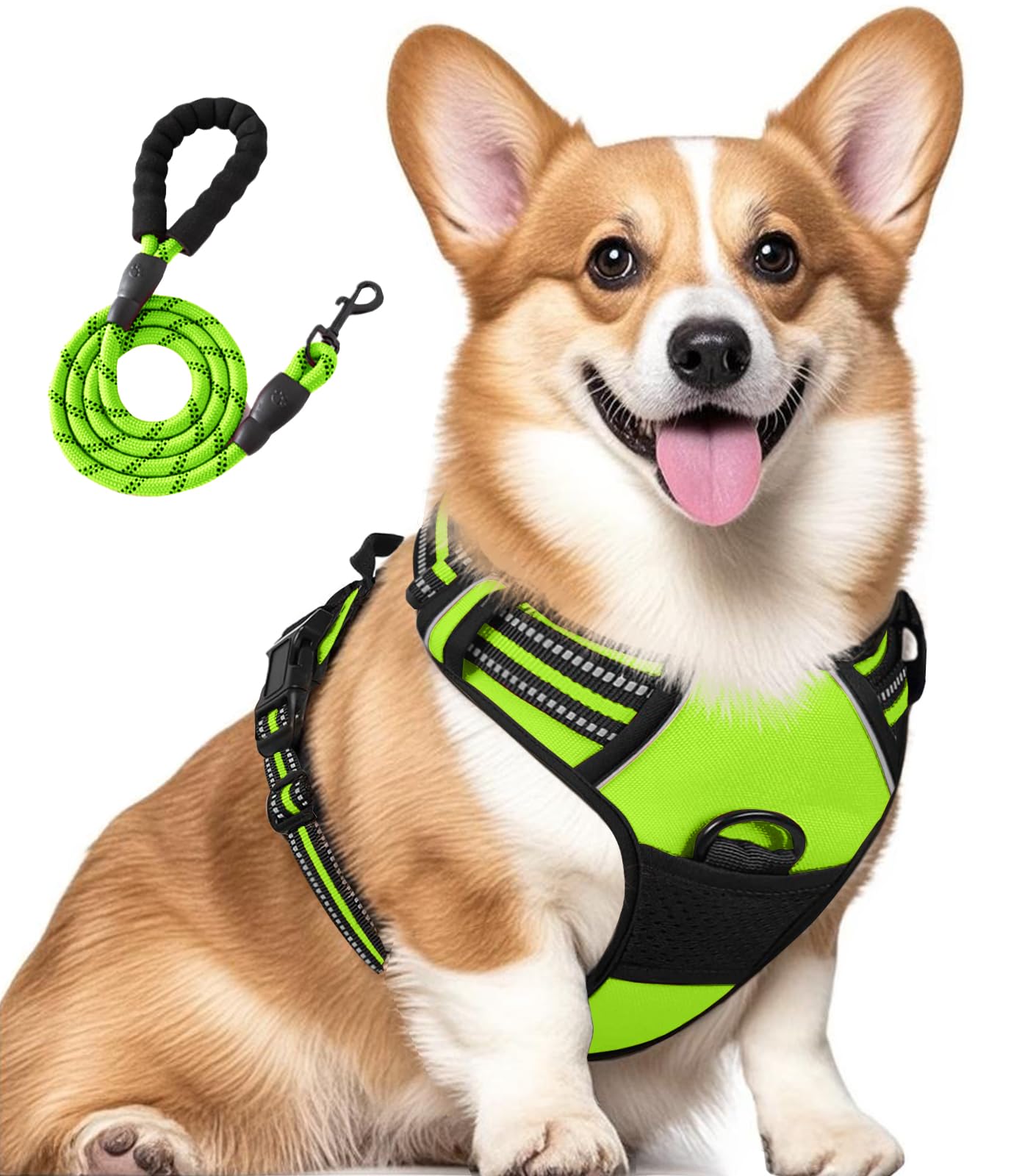 Jomkig No-Pull Adjustable Pet Harness with Free 5ft Leash Medium Breathable Dog Vest Reflective Padded Dog Harness for Outdoor Walking Training, Neon Green, Medium — image 1