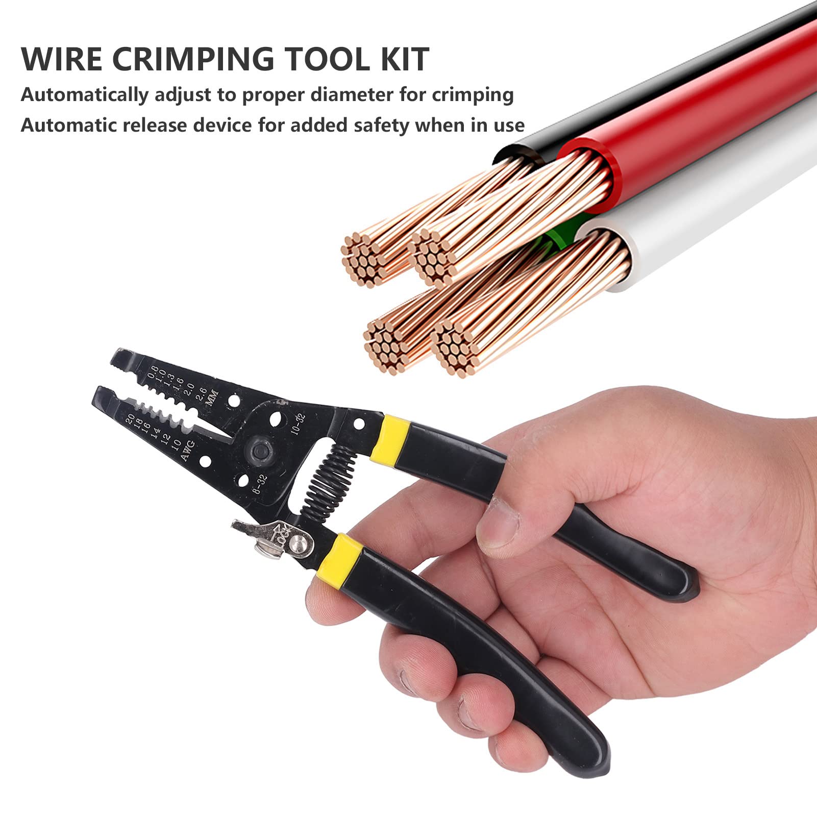 Kit de herramientas para engaste de cables con 4 mordazas intercambiables, pelacables, cortadores y alicates de engaste para terminales, mango ergonómico con liberación automática