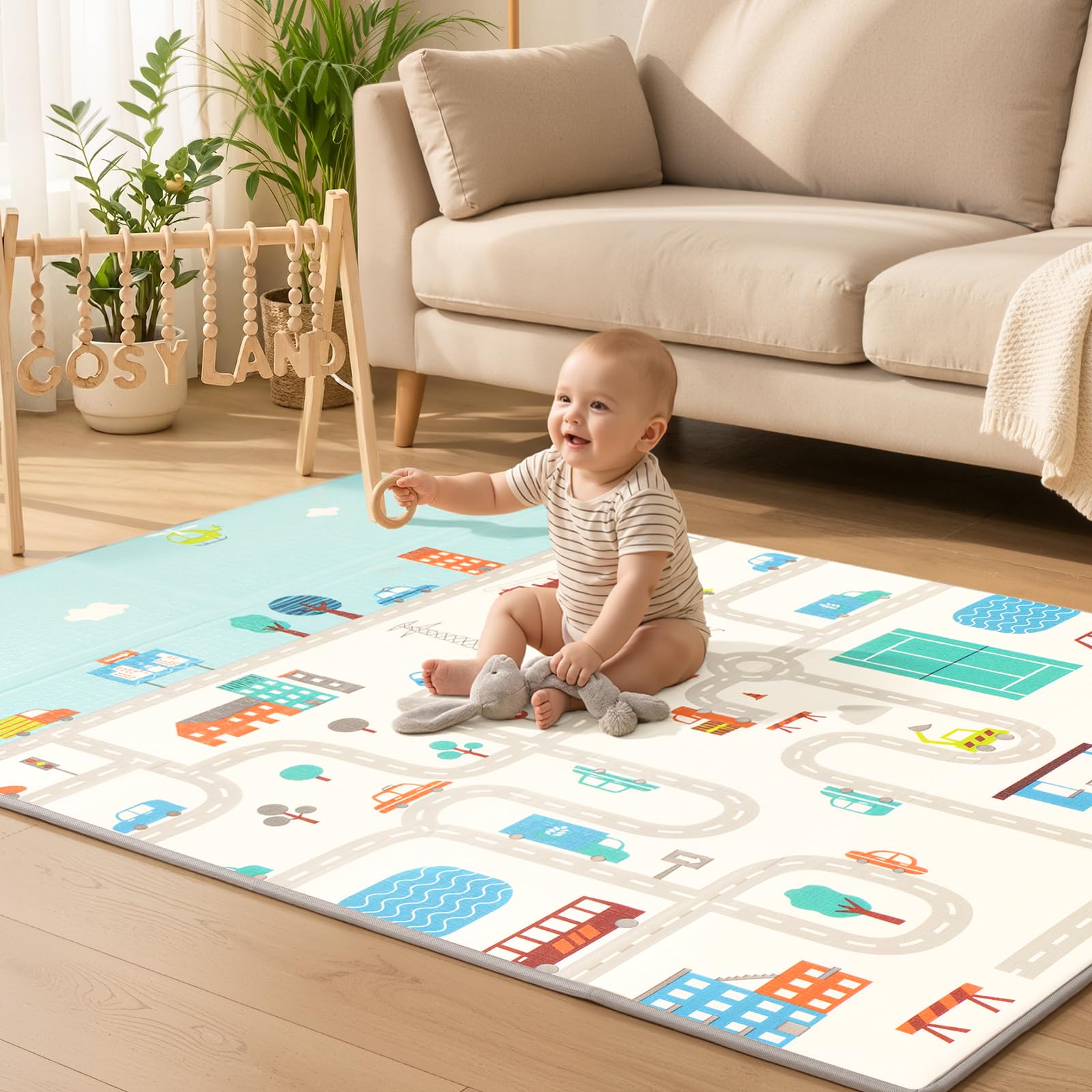 COSYLAND Alfombra Bebé Acolchada Plegable XPE Reversible, Tapete de Juegos Infantil Antideslizante e Impermeable para Suelo, Colchoneta Bebé, Oso Gordito y Ciudad de Coches, 120 x 180 x 1 cm