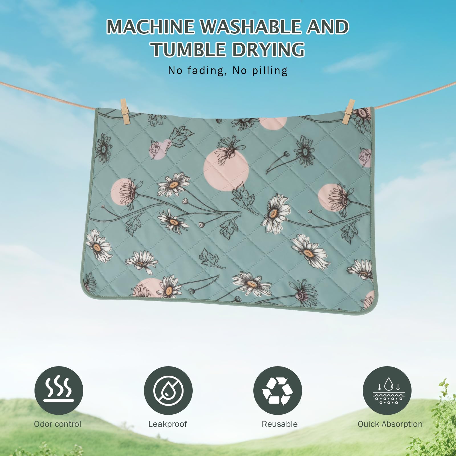 IEUUMLER 2PZ Tappetini Lavabili igienici per Cani, riutilizzabili educatore tappetino Pads per Cuccioli, Addestramento Assorbente traversine per cani per la Pipì FC013 (Margherita Verde, 60*90cm-2pcs)