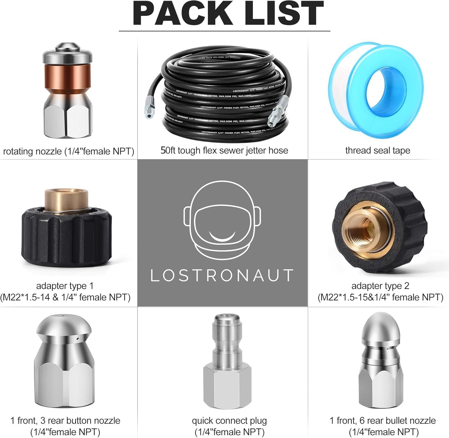LOSTRONAUT - Kit de limpieza de desagüe (incluye manguera de lavado a presión flexible resistente y 7 boquillas y adaptadores de alta gama para chorro de drenaje de 1/4''NPT