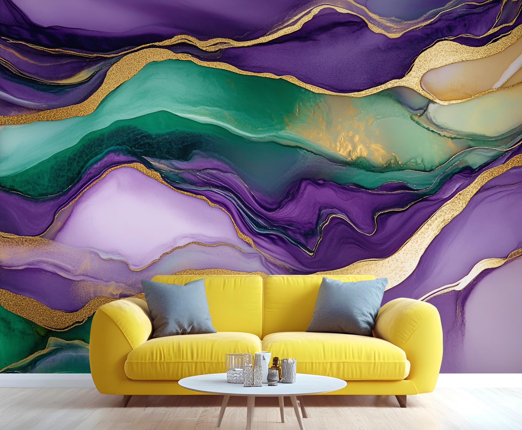 YXQAIED Marble Wallpaper, Fluid Marble Wallpapers for Living Room, Not Self Adhesive Purple Emerald Green Bedroom Wallpaper, Golden Waves Apartment Wall Murals & Room Decor, 390x260cm