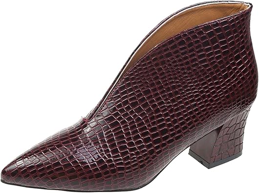 Womens Chelsea Ankle Boots Fashion Pointed Toe Short Boots V Cut Out Dressy Booties Chunky Heel Pull On Boot Fall Snake Texture PU Leather Short Booties