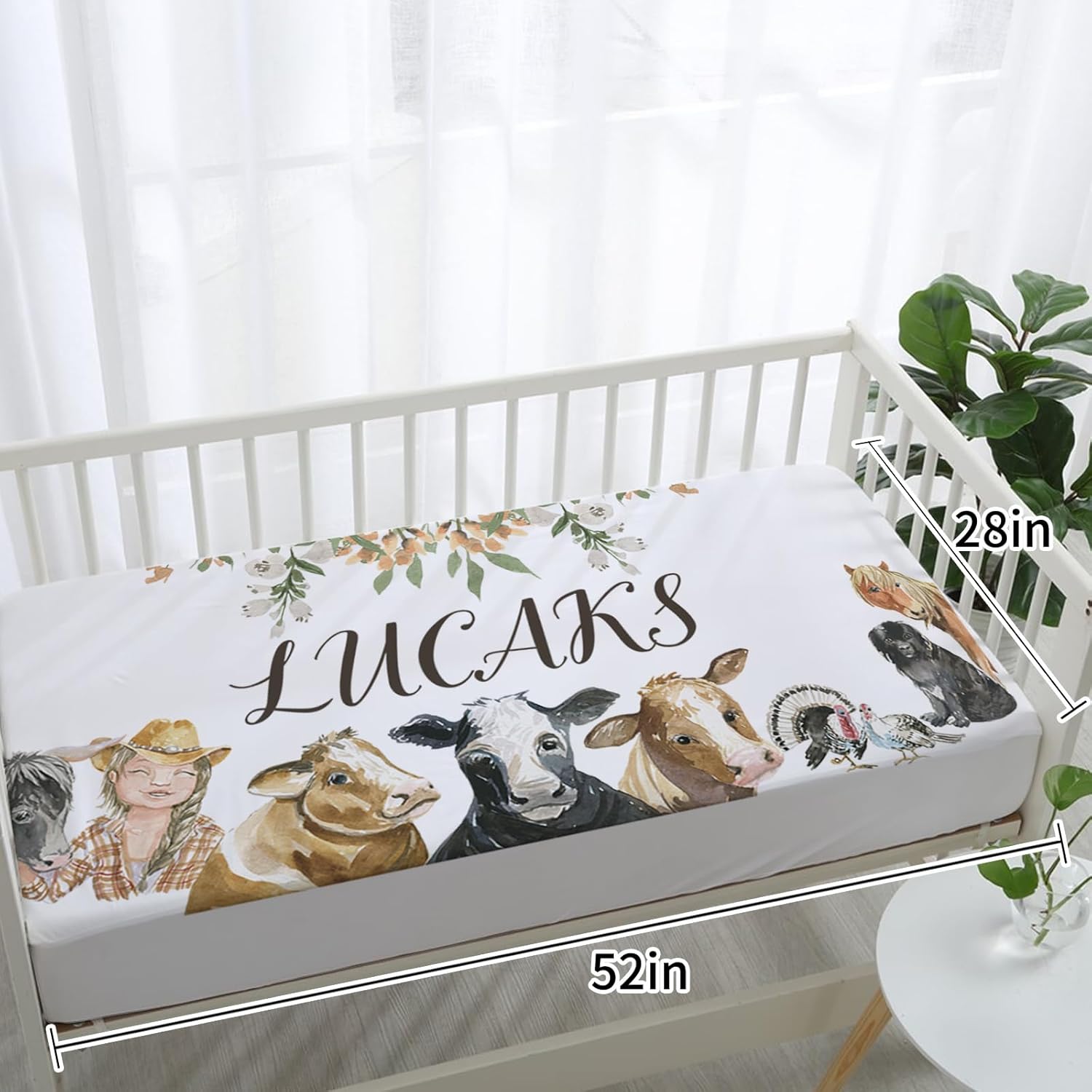 Personalized Baby Crib Bedding Set, Custom Name Nursery Set 5-Piece - Soft Blanket Fitted Sheet Changing Pad Cover Rug and Wall Art, Cute Woodland Animal Theme for Boys Girls