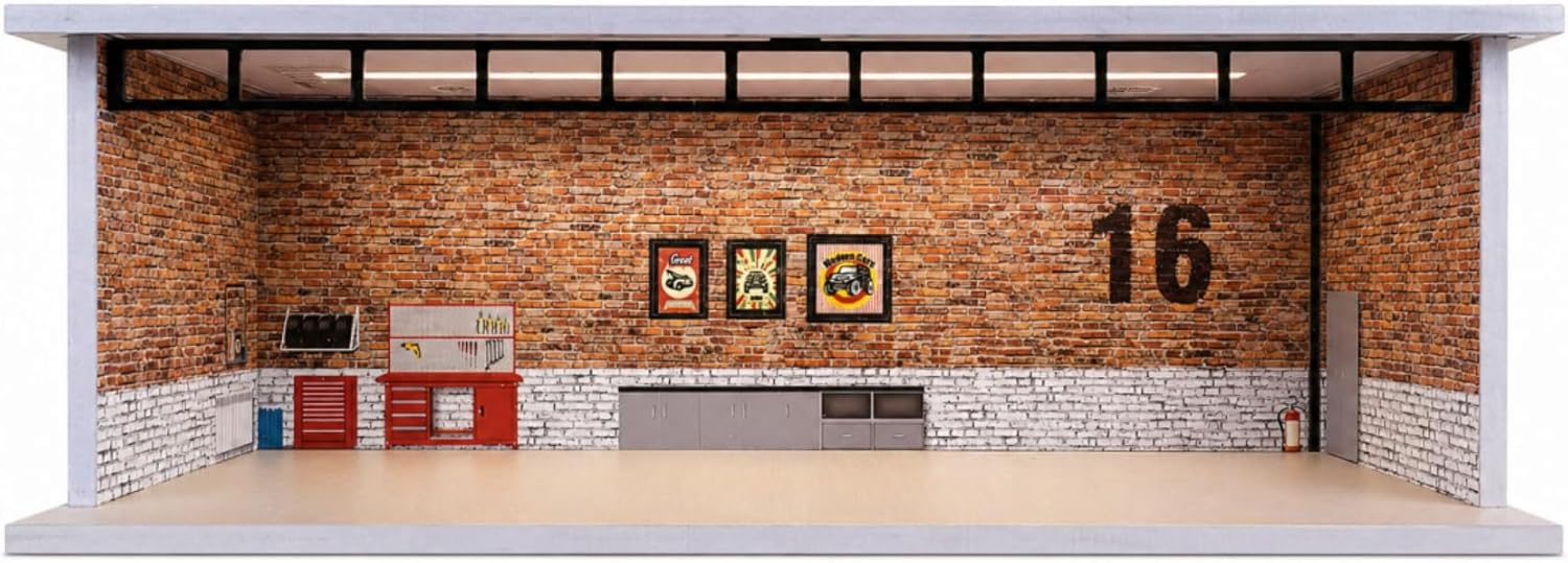 1/64 Diorama Car Garage Model,Fits for Hot Wheel Diecast Model Car,Tri-Color Dimmable LED Lighting Car Parking Lot Display Case,with Acrylic Dust Door, Building Model(No. 16 Garage)