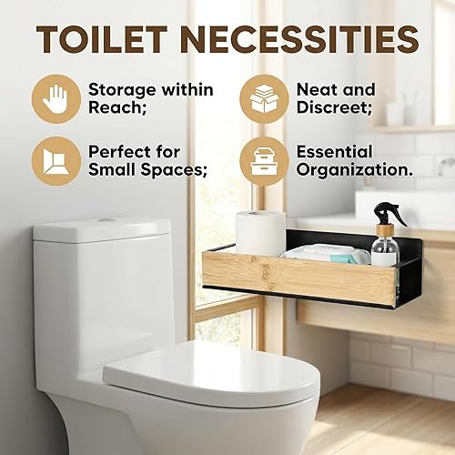 Vista 4 de Estantes de baño, estante flotante montado en la pared, estante de almacenamiento sobre el inodoro, estantes de pared de bambú de metal, organizador