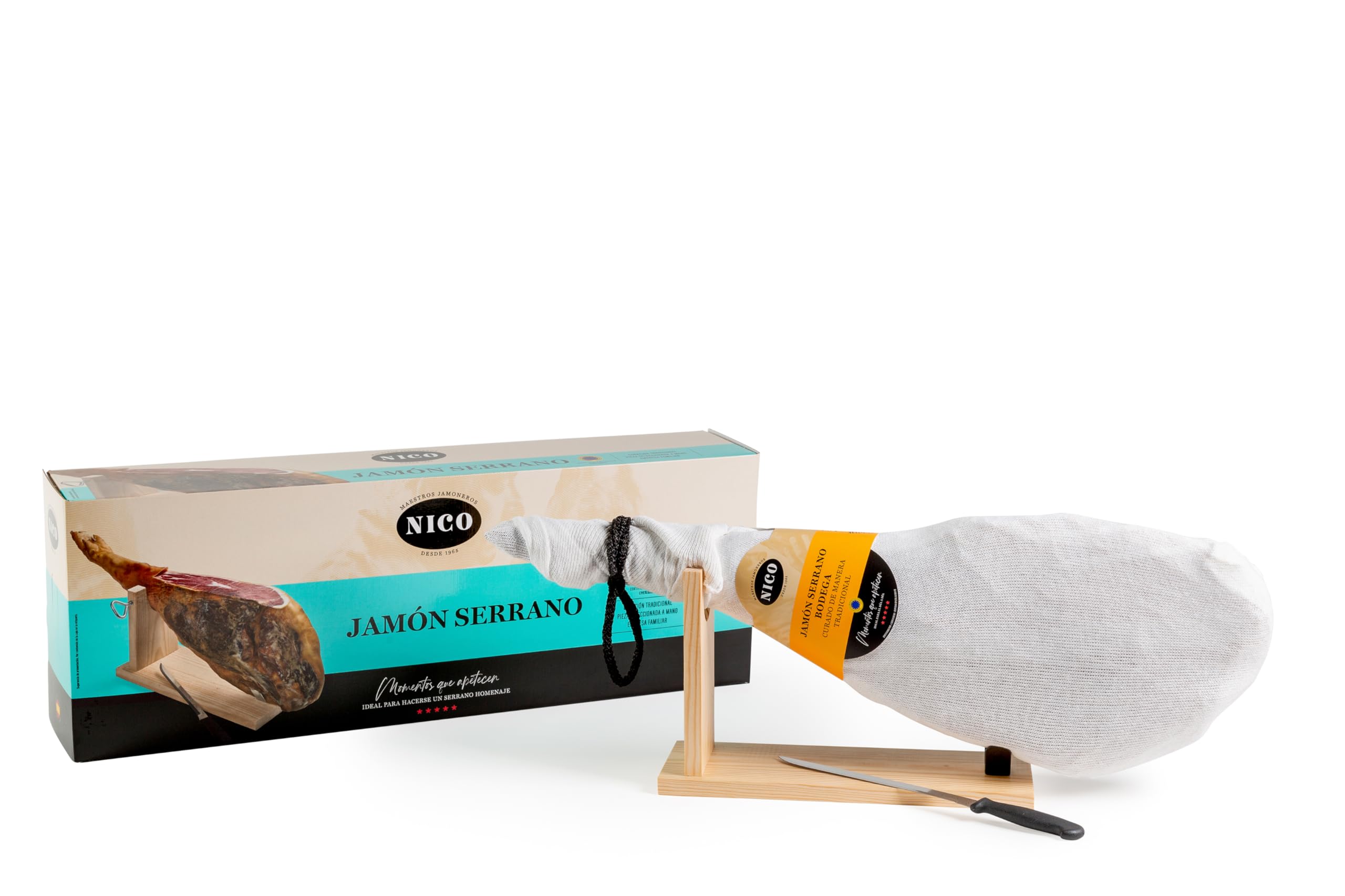 NICO JAMONES - LOTE de JAMON SERRANO BODEGA. Inlcuye JAMONERO, CUCHILLO y CAJA de presentacion. Jamon de aproximadamente 6,5 kg con una curación de más de 9 meses