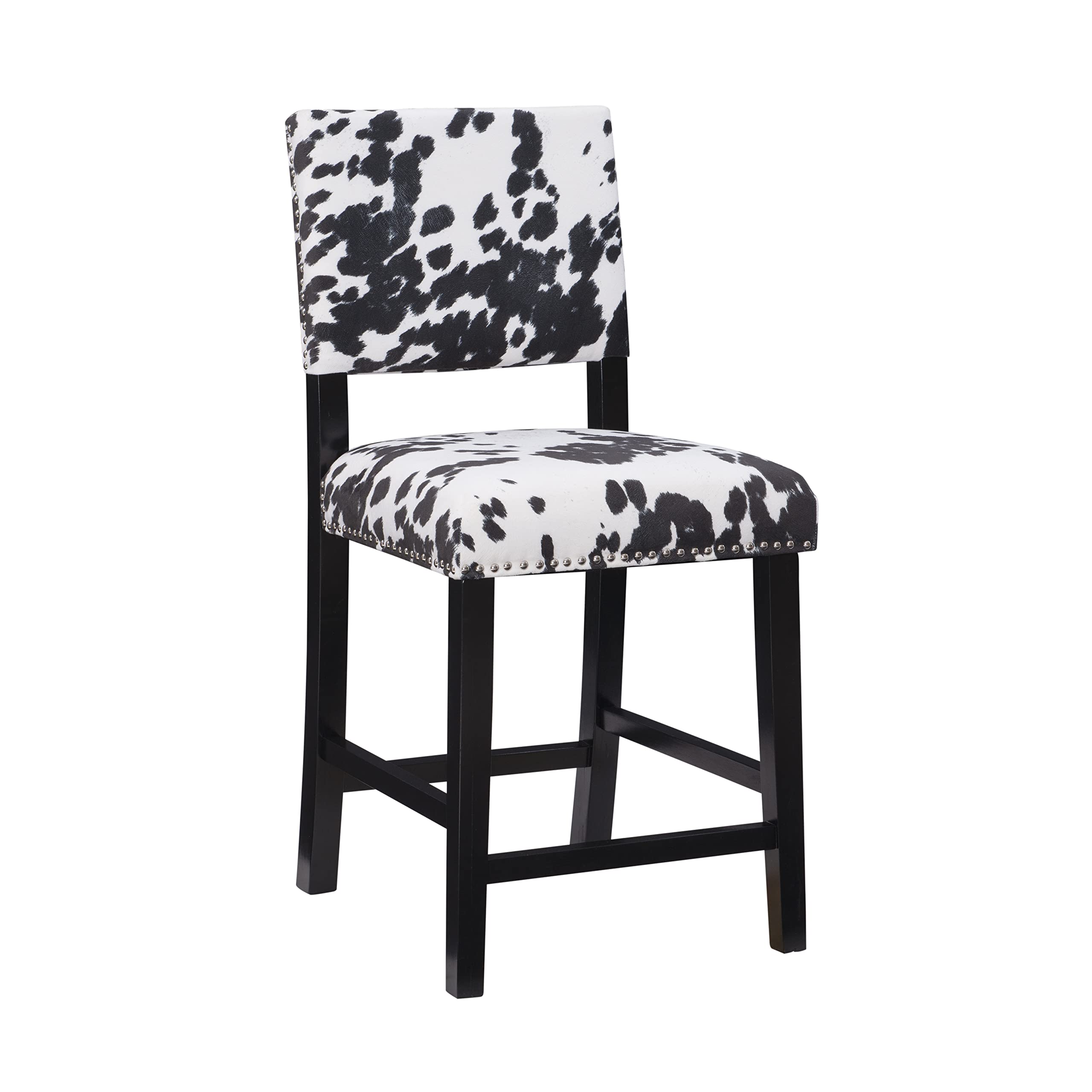 Linon Cole Black Wood 24" Seat Height Counter Stool with Black and White Cow Print Upholstered Seat and Back