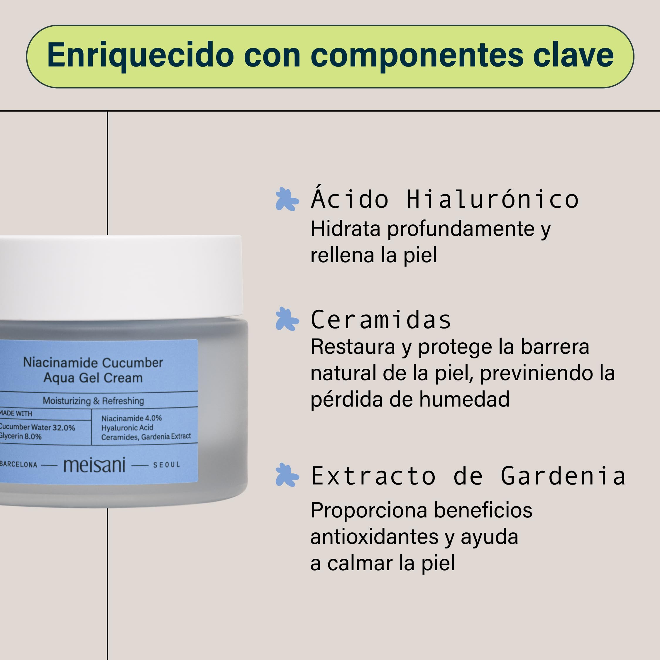 Meisani Niacinamide Cucumber Aqua Gel Cream, Crema facial refrescante con pepino y niacinamida, textura gel (50ml)