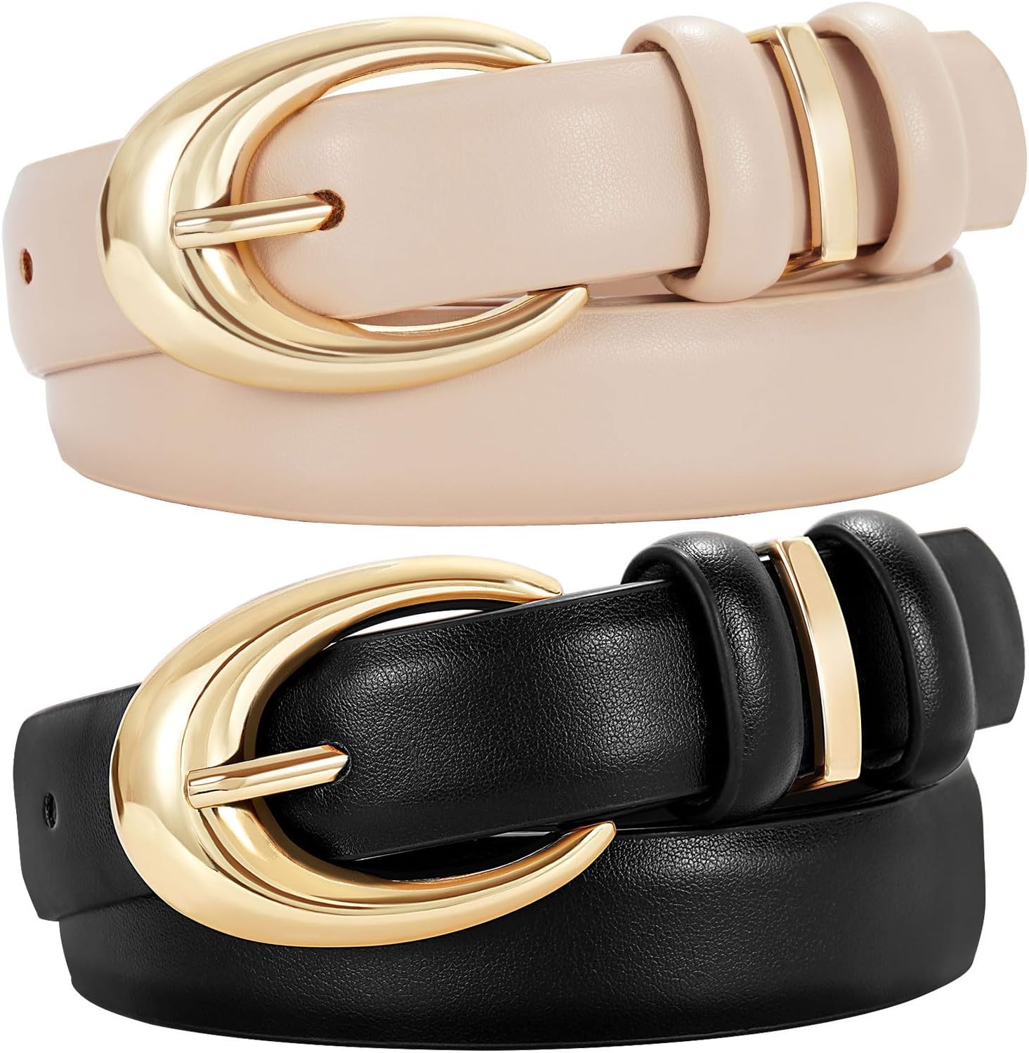 TRIWORKS 2 Pack Women Leather Belt for Jeans Pants Fashion Ladies Skinny Faux Leather Belt with Gold Buckle