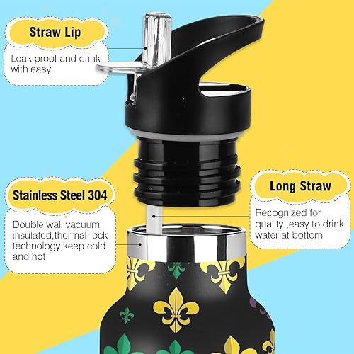 Miniatura 3 de Kids Water Bottle with Straw, Water Bottle Stainless Steel for Travel or School 20 Oz, BPA-Free, Fleur De Lis Mardi Gras