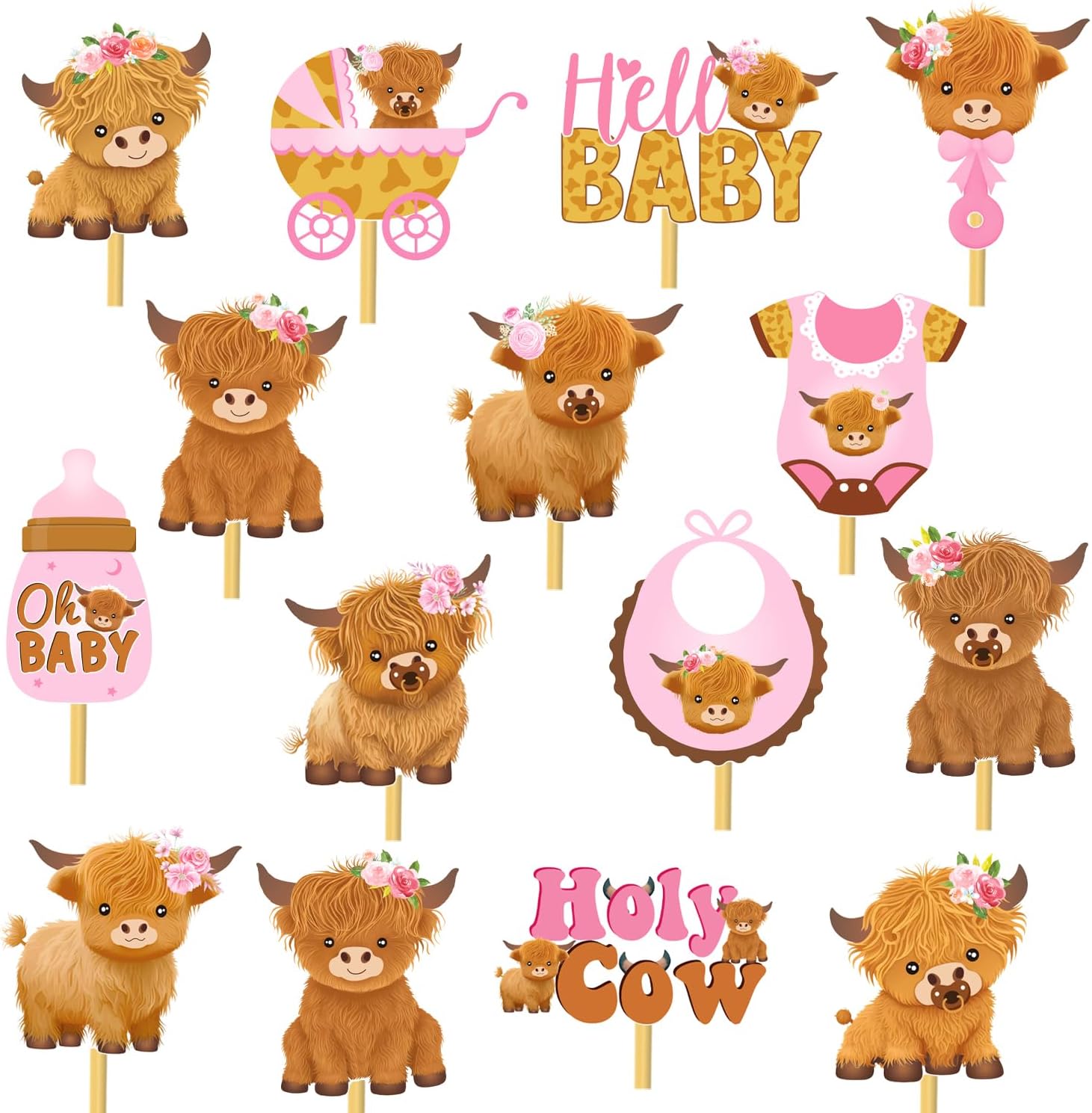 Highland Cow Honeycomb Centerpieces - 8 Pack Boho Farm Animal Party Decor For 1st Birthday