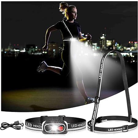 Rechargeable Headlamp, 500Lm LED Headlamp&Chest Light, Night Running Light for Runners, Head Lamp with Reflector Strap, 5Modes Waterproof Headlight, Suit for Kids(USB-C Fast Charge)