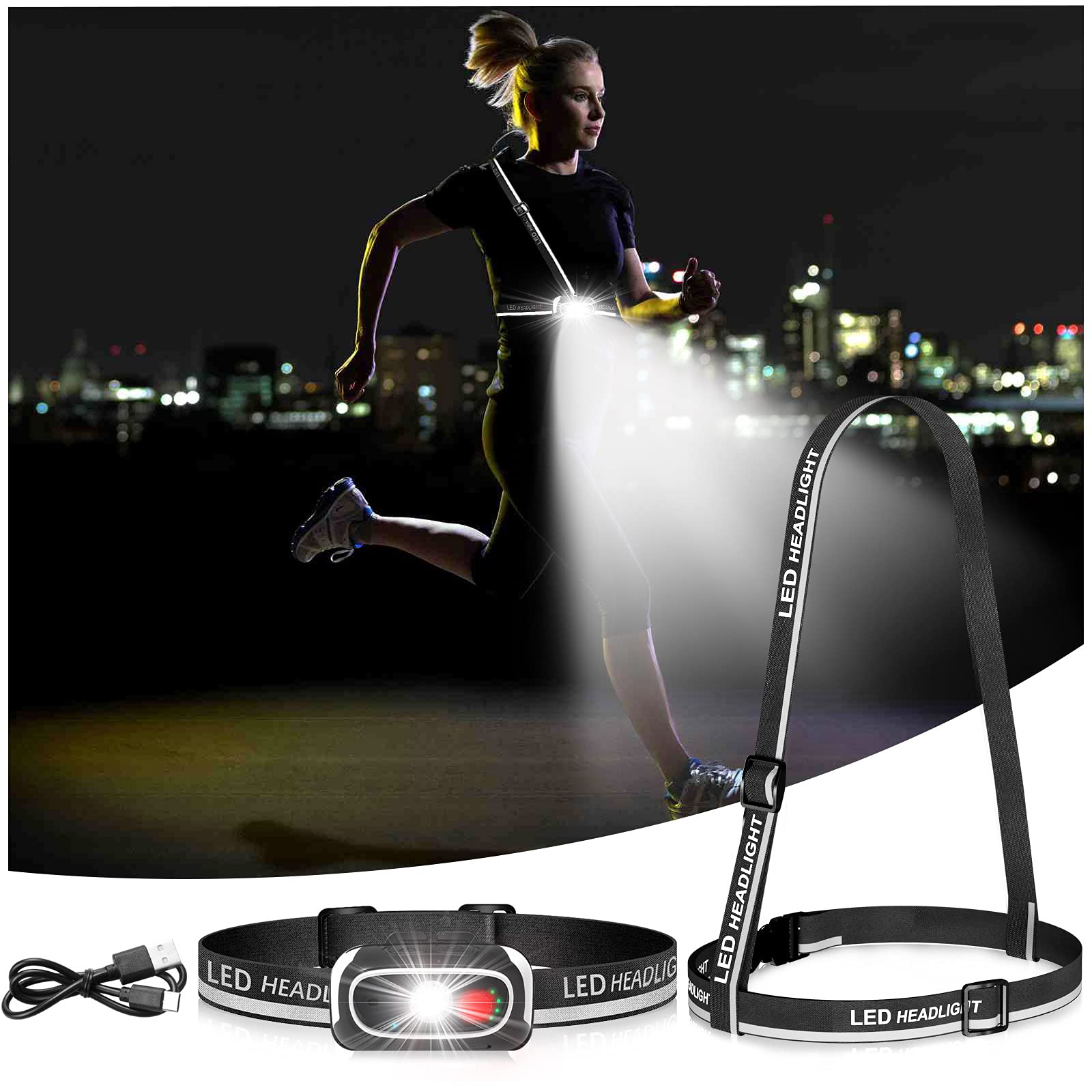 Rechargeable Headlamp , 500Lm LED Headlamp&Chest Light, Night Running Light for Runners, Head Lamp with Reflector Strap, 5Modes Waterproof Headlight, Suit for Kids(USB-C Fast Charge)